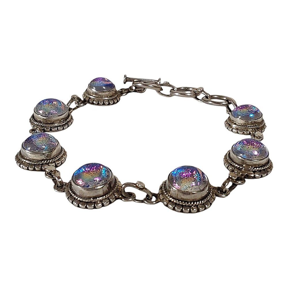 Artisan 7" Toggle Bracelet Dichroic Glass 925 Sterling Silver Purple Iridescent - Picture 2 of 7